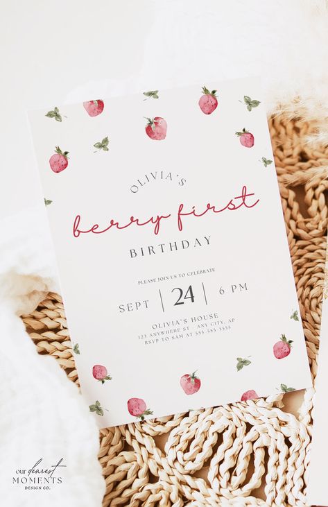 The perfect digital invitation template for your 'berry first' boho themed 1st birthday party! Effortlessly customize and share the joy online with this chic design. A perfect base for your decor to set the tone for a beautiful event! Perfect for hassle-free party planning. Make the day memorable and share the excitement with friends and family. Instant Download with the option of sending via text or printing. Visit 'Our Dearest Moments' to shop the collection and buy now! First Birthday Invites Girl, Twin Girls 1st Birthday Party Ideas, First Birthday Twin Girls Theme, 1st Birthday Girl Invitations, Berry First Birthday Party, 1st Birthday Party Ideas, First Birthday Invitation Cards, First Birthday Ideas, First Birthday Theme