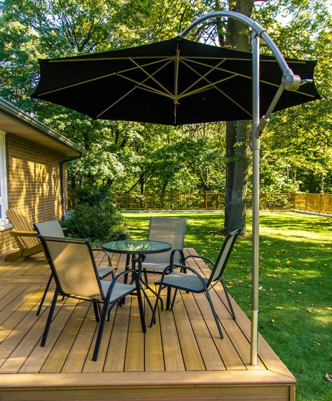 Deck'Umbs Deck Mounted Umbrella, Corner Umbrella Patio, Dock Umbrella Ideas, Cantilever Umbrella Deck Mount, Deck Umbrella Ideas, Deck Designs Layout, Wood Deck Ideas, Outdoor Kitchen Deck, Backyard Decking