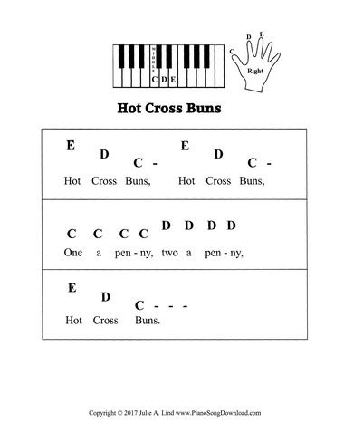 Hot Cross Buns, pre staff piano music with letters for preschool and beginning piano lessons. Pre Staff Piano Sheet Music, Letters For Preschool, Keyboard Songs, Keyboard Notes, Play Keyboard, Piano Music With Letters, Beginning Piano, Staff Music, Sheet Music With Letters