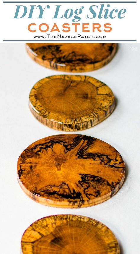 DIY Log Slice Coasters | How to make coasters from logs | Upcycled logs to DIY wooden coasters | How to stop coasters sticking to glasses | Perfect use of cabochon | How to use epoxy resin | Step-by-step epoxy resin coaster tutorial | Epoxy resin tips | Repurposed Log Ideas | #TheNavagePatch #DIY #HomeDecor #Upcycled #Repurposed | TheNavagePatch.com Wood And Epoxy Coasters, Diy Wooden Coasters, Epoxy Gifts, Wooden Coasters Diy, Wood Coasters Diy, Log Art, Wood Wedding Decorations, Resin Tips, Make Coasters