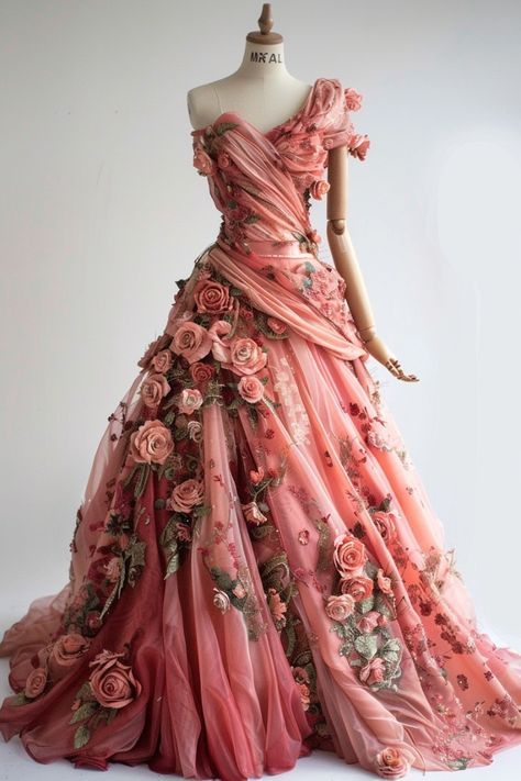 Rose Fantasy Dress, Garden Fashion, Floral Long Dress, Dreamy Gowns, Fantasy Dresses, Fantasy Gowns, Vintage Gowns, Fairytale Dress, Fantasy Dress