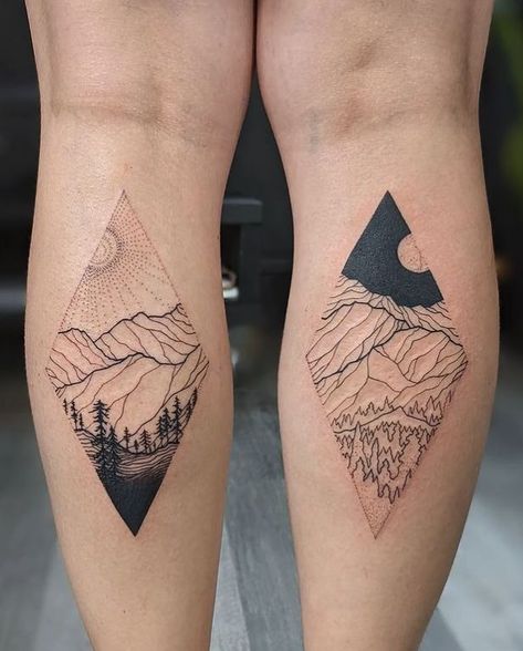 Mens Matching Tattoos, Day Night Tattoo, Scene Tattoos, Night Tattoo, Scene Tattoo, Tree Scene, Tattoos Inspiration, Nature Tattoo, Wicked Tattoos