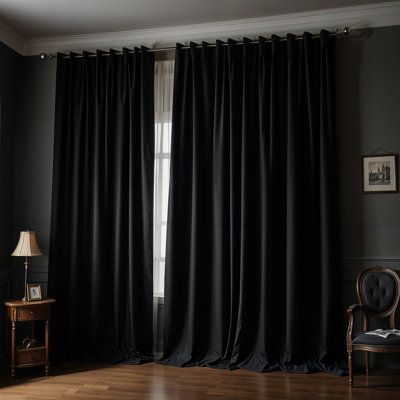 Enhance your home with our Room Darkening Curtains, designed to bring warmth and charm to any space. Made from durable 100% polyester, these curtains feature a textured faux linen fabric that adds depth and character to your windows. The room darkening feature provides excellent privacy and light control, making them perfect as living room curtains or curtains for bedrooms. Thermally insulated for heat / cool air retention, premium blackout fabric beautiful, no-fade design, sturdy metal grommets Black Curtains On Black Wall, Industrial Curtains Bedroom, Black Curtain Living Room Idea, Black Living Room Curtains Ideas, Curtains On Black Wall, Dark Moody Curtains, Black Velvet Curtains Bedroom, Bedroom Dark Curtains, Black Themed Living Room