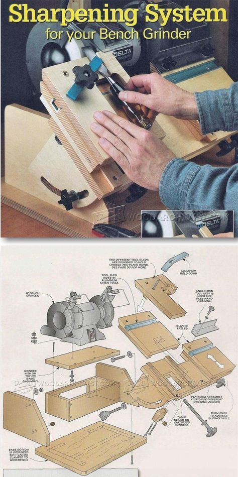 Bench Grinder Tool Rest Plans - Sharpening Tips, Jigs and Techniques | <a href="http://WoodArchivist.com" rel="nofollow" target="_blank">WoodArchivist.com</a> Family Projects, Bench Grinder, Sharpening Tools, Emerald Rings, Wood Shop Projects, Shop Tools, Homemade Tools, Wood Tools, Woodworking Jigs