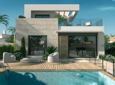 Villa - New Build - Ciudad Quesada - Dona Pepa Pool Front Of House, Small Villa Exterior, Modern Villa Exterior Facades, Small Modern Villa Design, Small Modern Beach House, Small Villa Plan, Small Villa With Pool, Small House With Pool, Small Beach House Exterior