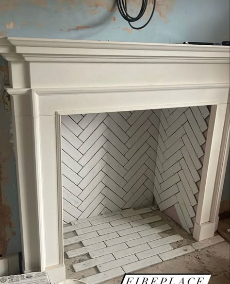 Log Burner With Tiled Surround, Tiling Inside Fireplace, Heath Tile Fireplace, Tiled Fireplace Log Burner, White Log Burner, Tile Inside Fireplace, Fireplace Herringbone, Herringbone Tile Fireplace, Log Burner Ideas