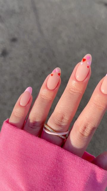 White Vday Nails, White Heart Nail Designs, Cute Valentine’s Day Nails, Almond Valentines Nails, Small Almond Nails, Acrylic Nails Glossy, Cute Valentines Nails, Purple French Tip, French Tip Fake Nails