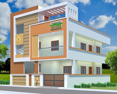 South Facing House Elevation Design, South Facing House, Balcony Glass Design, Double House, Compound Wall Design, House Balcony, Balcony Grill, Small House Elevation, Balcony Grill Design