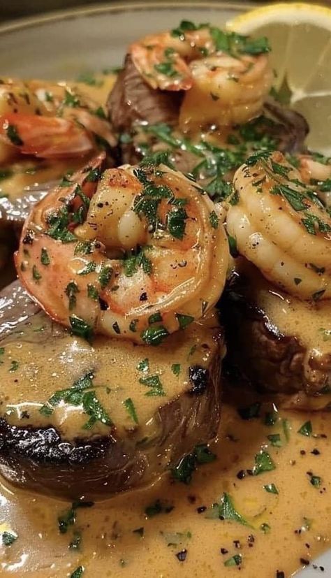 Easy Diabetic Recipes | Steak with shrimps and lobster sauce: | Facebook Recipes Steak, Lobster Sauce, Lobster Meat, Surf And Turf, Steak Recipes, Seafood Recipes, 1 Cup, Steak, Seafood