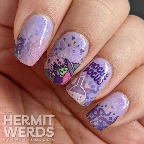 Hocus Pocus - Love Potion Nail Art - Hermit Werds Love Potion Nails, Hocus Pocus Nails Acrylic, Potion Nails, Hocus Pocus Nails, Witch Brewing, Love Potions, Lots Of Hearts, Witch Nails, Cute Witch