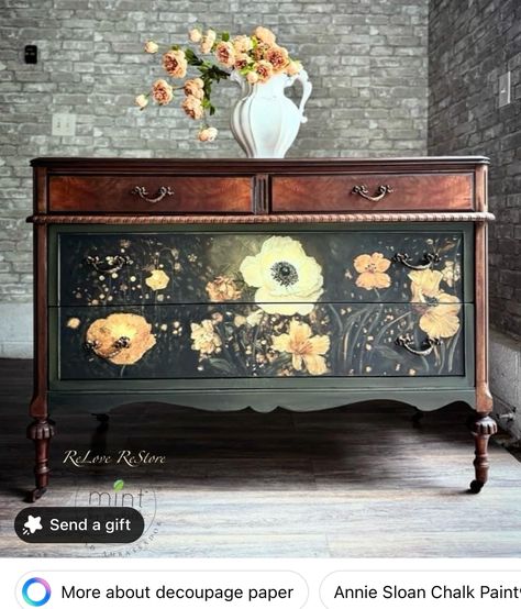 Redoing Dressers Ideas, 6 Drawer Dresser Makeover, Botanical Furniture, Diy Hutch Makeover, Diy Painted Dresser, Paint Dresser Diy, Decoupage Dresser, Thrift Furniture, Vintage Hand Painted Furniture