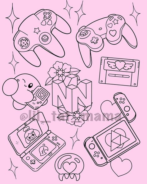 Cute Gamer Tattoos, Gamer Flash Tattoo, Cute Video Game Tattoos, Video Game Tattoo Flash, Kirby Flash Tattoo, Video Game Tattoos Small, Nerdy Flash Tattoo, Video Game Tattoo Designs, Pokémon Flash Tattoo