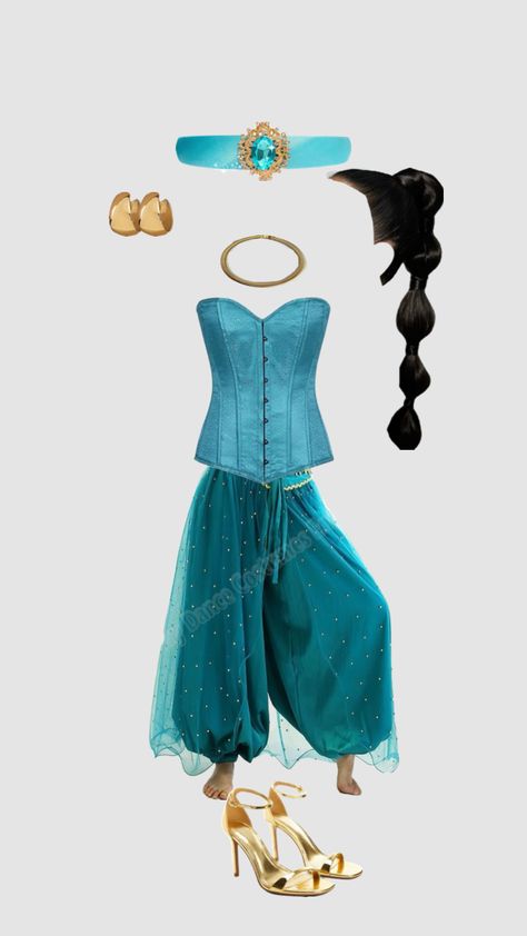 Jasmine costume                     Turquoise princess gold corset pants shoes jewelry headband Halloween Jasmine Diy Costume, Jasmine Disney Costume, Jasmine Costume Ideas, Jasmine Costume Diy, Princess Jasmine Costume Diy, Jasmine Diy, Jasmine Halloween Costume, Gold Corset, Corset Pants