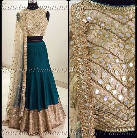 See this Instagram photo by @poonamskaurture • 3,747 likes Teal Lengha, Gold Indian Outfit, Gold Lengha, Poonams Kaurture, Desi Clothes, Ghagra Choli, Indian Couture, Indian Dress, Indian Wedding Outfits