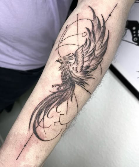 27 Phoenix Tattoo Ideas Simple Phoenix Tattoo Men, Geometric Phoenix Tattoo Design, Phoenix Compass Tattoo, Phoenix Tattoo Design Men Forearm, Pheonix Tattoo Male, Forearm Phoenix Tattoo For Men, Phoenix Tattoo Forearm, Phoenix Forearm Tattoo, Simple Phoenix Tattoo