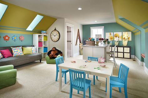 Attic playroom and craft room ideas allows you to keep an eye on the little ones as you get busy - Decoist Home Office And Playroom Combo, Playroom Office Combo, Office And Playroom Combo, Home Office And Playroom, Office Playroom Combo, Attic Playroom Ideas, Smart Home Office, Office Design Diy, Smart Home Dashboard