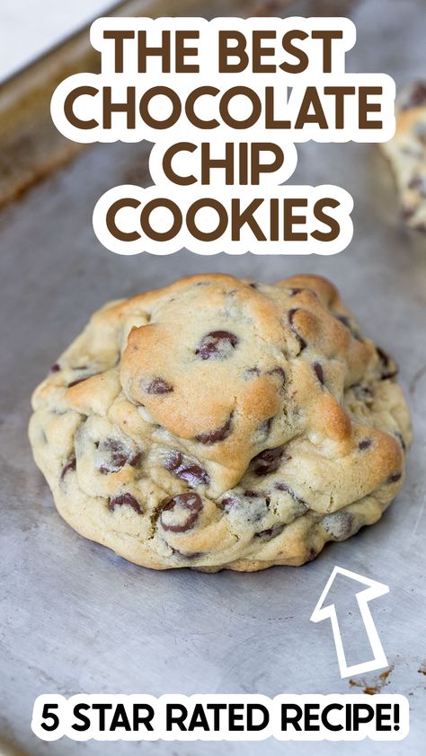 These BEST EVER Giant Chocolate Chip Cookies are thick, fluffy, crispy golden brown on the outside and soft, gooey and chewy on the side. It's the perfect cookie. Really! #cookies #chocolatechipcookies #giantcookies #softcookie #chewycookies #levaincookies #cravecookie #bestevercookies #chocolatechips Giant Chocolate Chip Cookies, Chocolate Chip Pudding, The Best Chocolate Chip Cookies, Chocolate Chip Pudding Cookies, The Perfect Cookie, Best Chocolate Chip Cookies, Giant Chocolate, Best Chocolate Chip, Pudding Cookies