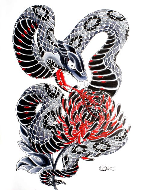 Japanese Cobra Tattoo Design, Japanese Snake Art, Snake Head Tattoo, Black Snake Tattoo, Japanese Snake, Tattoo Main, Japanese Snake Tattoo, Cobra Tattoo, Serpent Tattoo