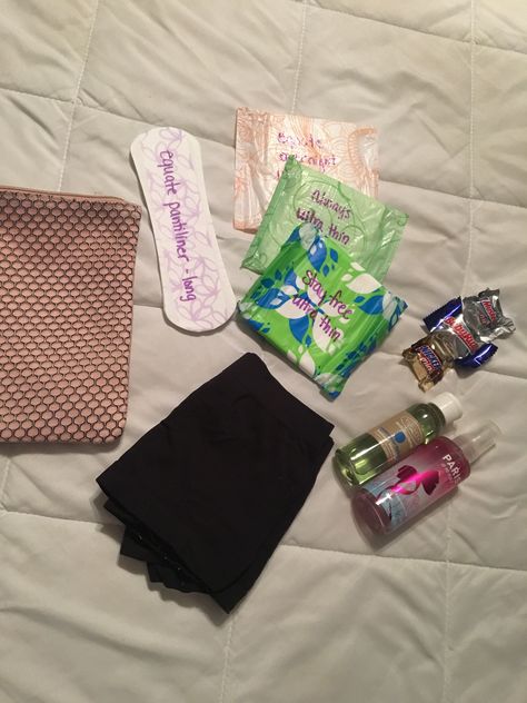 Girls first period bag.  Include chocolate and put several different pads or tampons in the bag and write what kind they are so she can try different kinds and let you know which one she liked best. Girlfriend On Period, Period Bags, Period Things, Period Bag, On Period, Period Pads, Pads Tampons, First Period