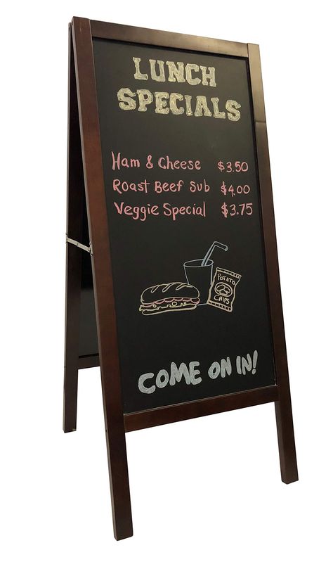 PRICES MAY VARY. Large magnetic framed chalkboard. Chalk easel size 18" x 41". Blackboard area 15" x 30". This free standing, A frame sign has a beautiful mahogany finish and water resistant melamine backing. Great for any occasion! Use it as a menu board, chalk sign, outdoor chalkboard, or a sidewalk chalk board for your business. Use magnets to attach photos or messages to this magnetic chalk board. Two Sided, Write on both sides of this chalk board sign board to grab the attention of the traf Chalkboard Cafe, Summer Chalkboard, Outdoor Chalkboard, Diy Chalkboard Sign, A Frame Sign, Chalkboard Easel, A Frame Signs, Stone Fireplaces, Chalk Sign