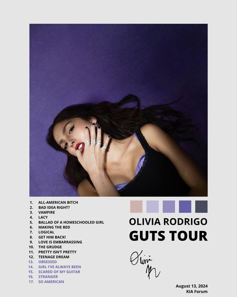 Custom-made Olivia Rodrigo concert poster. Done in the style of those cool vintage movie cards! Includes album tracklist, 5 eyedropped photo colors, artist name, tour name, and signature. This design includes regular and deluxe songs Olivia Rodrigo Poster Guts Tour, Olivia Rodrigo Poster Guts, Olivia Rodrigo Guts Poster, Olivia Rodrigo Album Poster, Guts Tracklist, Olivia Rodrigo Songs, Taste Aesthetic, Olivia Rodrigo Album, Olivia Rodrigo Poster