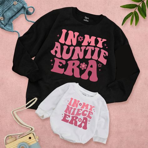 "Custom In My Auntie Era And Niece Era Sweatshirt, Retro Matching Family Shirt, Nephew Kid Sweatshirt, Best Gift For Aunt, Valentine's Day OutFit ✅ Product details: 💠 ROMPER KID ( LONG SLEEVE) : Soft and comfortable Retail fit Runs true to size 95% cotton, 5% spandex. Colors: Natural, White, Black, Sport Grey, Light Mauve Sizes: 0-3M, 3-6M, 6-12M, 12-18M, 18-24M Various print positions (Description Figure) 💠 SWEATSHIRT KID: Soft and comfortable Retail fit Runs true to size 95% cotton, 5% spand Aunt Niece Gifts, Auntie Niece Aesthetic, Auntie Outfits, Aunt Things, Aunt And Niece Shirts, Aunt Gifts From Niece, Auntie Things, Aunt And Niece, Auntie Era