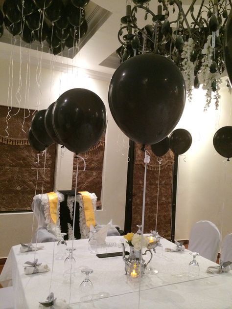 Black and white graduation party decorated with black balloons Black And White Graduation Party, White Graduation Party, Grad Party Theme, Hollywood Party Theme, 18th Bday, Grad Party Decorations, Graduation 2024, Hollywood Party, Party Inspo