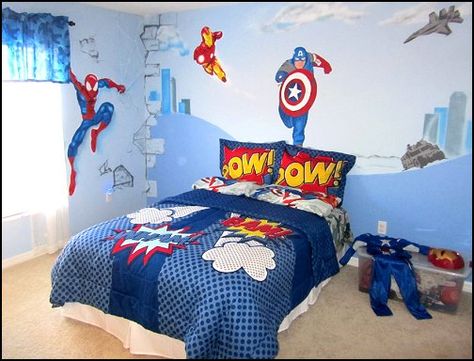 Decorating theme bedrooms - Maries Manor: Superheroes bedroom ideas - batman - spiderman - superman decor - superman phone booth bedroom ideas - Captain America - comic book bedding - batmobile bed Batman Bedroom Decor, Superhero Theme Bedroom, Superhero Room Decor, Avengers Bedroom, Batman Bedroom, Marvel Bedroom, Avengers Room, Marvel Room, Superhero Bedroom