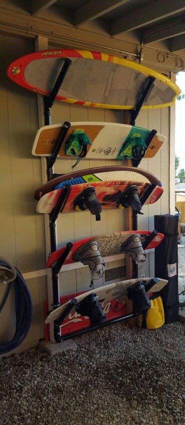 Wakeboard rack Waterski Storage, Lakehouse Storage, Surf Board Rack, Wakeboard Storage, Paddle Board Storage, Paddleboard Rack, Wakeboard Rack, Garage Racking, Garage Storage Inspiration