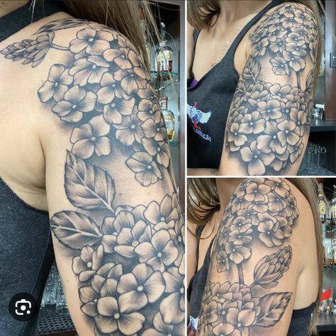 Hydrangea Tattoo, Still Healing, Realistic Flower Tattoo, Lilac Tattoo, Mum Tattoo, Flower Spine Tattoos, Purple Tattoos, Floral Thigh Tattoos, Tribute Tattoos