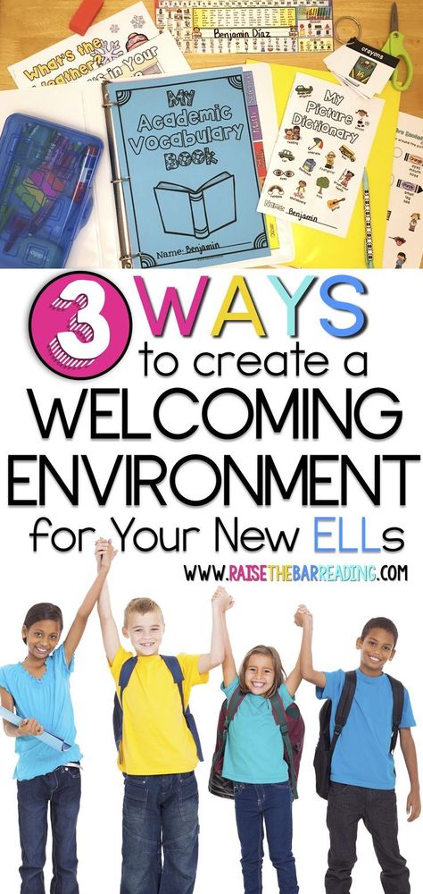 Creating a welcoming environment for your new ELLs is crucial to setting them up for success in your classroom! Great tips for supporting ELL newcomers and providing your beginning ELLs with tools (ESL picture dictionary, beginning ESL activities, academi Esl Classroom Decor, Teaching Third Grade Reading, Esol Classroom, Teaching Esl Students, Ell Activities, Ell Newcomers, Vocabulary Notebook, Academic Vocabulary, Teaching Second Grade