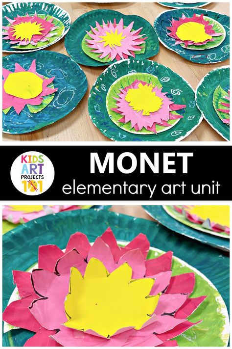 Claude Monet Art Project and Elementary Art Lessons - Kids Art Projects 101 Color Elementary Art Lessons, Homeschool Art Activities, Student Art Projects Elementary, Arts And Crafts For Grade 1, Enrichment Activities For Elementary Art, Art Ideas For First Grade, Homeschool Art Projects Kindergarten, Elementary Spring Crafts, Art Projects For 1st And 2nd Graders