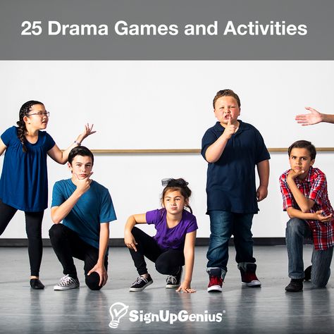 25 Drama Games and Activities Theater Games For Middle School, Drama Games For Kindergarten, Drama Games Middle School, Theatre Camp Ideas, Performance Art Ideas, Acting Games For Kids, Drama Activities For Kids, Improv Games For Kids, Drama Club Ideas