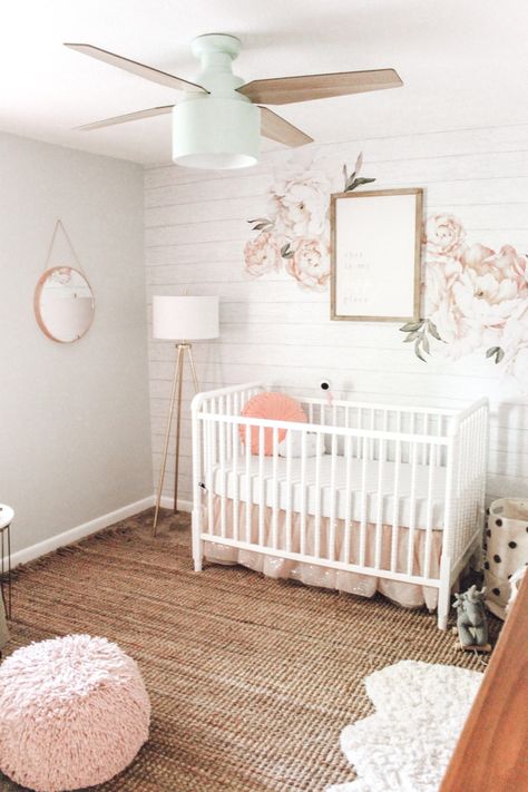 Baby girl's nursery Get all of the details for this blush and gold toned nursery. Including how to get this shiplap wall. Inspired Reality Holly's Nursery Baby Girl Floral Nursery, Girls Nursery Floral, Girl Nursery Pink, Toddler Bedroom, Shiplap Wall, Girl Nursery Room, Baby Rooms, Girls Nursery