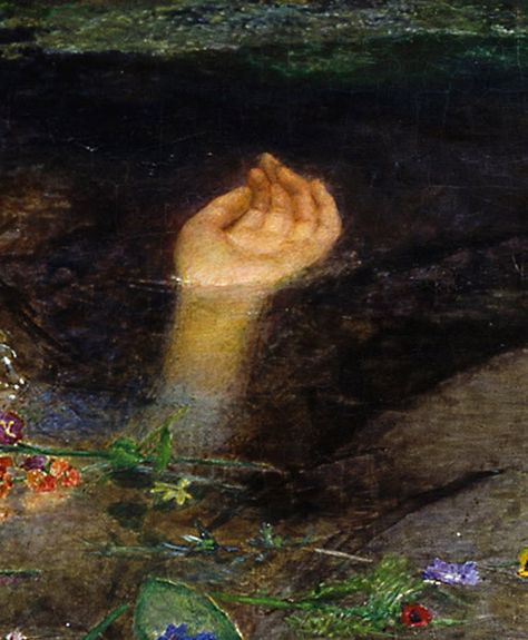 John Everett Millais, "Ophelia" close-up, Tate Gallery, London Ophelia Painting, Art Student Aesthetic, John Waterhouse, Everett Millais, John Everett Millais, Water Nymphs, Tate Gallery, Willow Branches, Pre Raphaelite