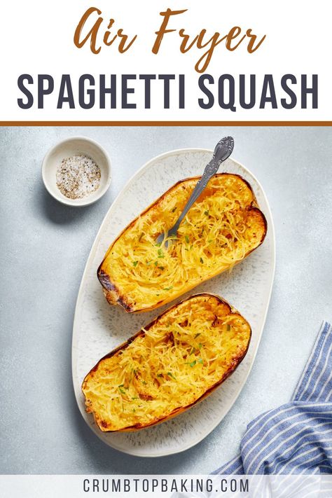 Perfectly cooked al dente style, this Air Fryer Spaghetti Squash recipe is a quick and easy low carb alternative to pasta! All you need is some oil and a simple seasoning and this spaghetti squash roasts in just 25 minutes in the air fryer. Roast In The Air Fryer, Air Fryer Spaghetti Squash, Roasting Spaghetti Squash, Air Fryer Spaghetti, Spaghetti Squash Noodles, Spaghetti Squash Recipe, Cooking Spaghetti Squash, Small Air Fryer, Pasta Substitute