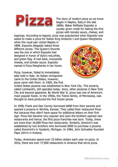 Pizza Worksheet, History Of Pizza, Reading Comprehension Texts, Esl Reading, English Stories For Kids, English Learning Books, Reading Comprehension Lessons, About History, Food History