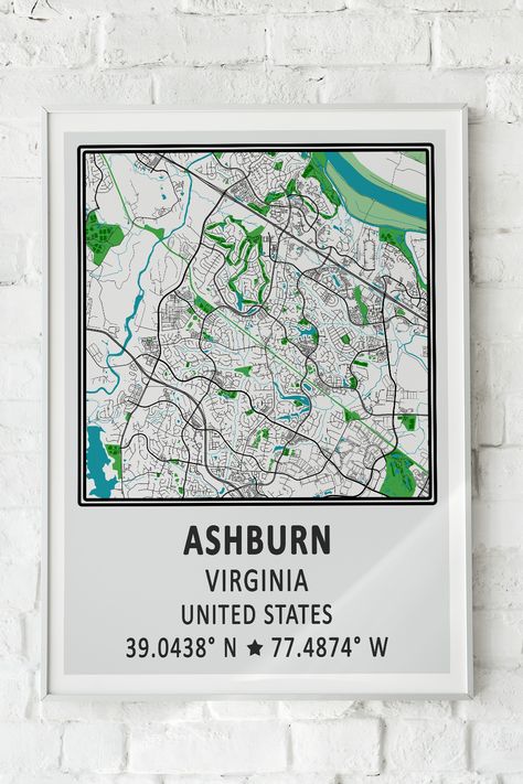 Minimalist city map of Ashburn VA for home and office. Ashburn, Virginia wall art, home decor and office decor including art prints, canvas prints, posters, miniture art boards, metal prints and framed art prints. Whether there is a place or city that yourself or someone you know resides in, were born in, somewhere you have travelled to, or just simply a place that you love, then decorating a wall in the home or office with a map of the area is a wonderful idea. Decorating A Wall, Virginia Poster, Ashburn Virginia, Virginia City, Office Poster, City Map, Art Boards, Sale Poster, Top Artists