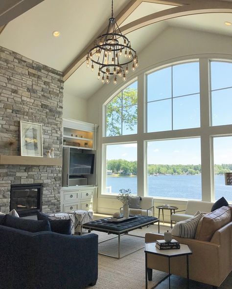 A lake home with a wall of Pella windows. Gorgeous living room. Bay Window Living Room, Arch Window, Western Michigan, White Windows, Big Windows, Window Room, Wood Windows, Living Room Windows, Traditional Living