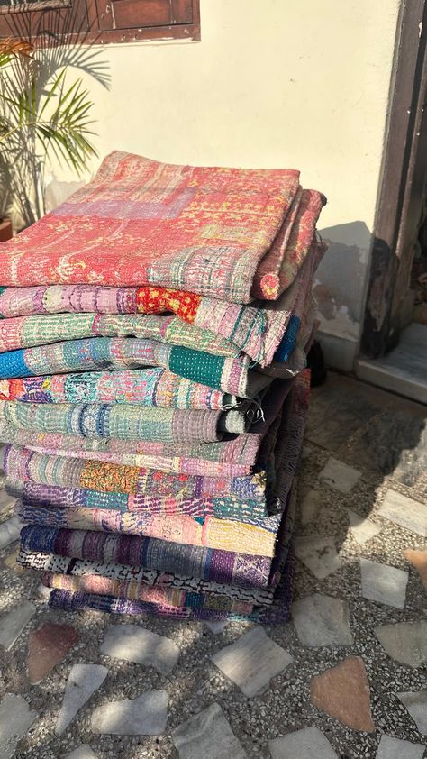 Item: Five pieces vintage kantha quilts in assorted colors and designs.  Size - Single 54"X84"(Inches) Approx Item Color - Assorted  Fabric :- 100% Cotton Made with Cotton Kantha throw Fabric  Wash Care - Normal Hand Wash In Cold Water. Namastey !  Item Description: Indian vintage handmade kantha quilt cotton fabric Hand stitching. This Vintage Throw Kantha Quilt is made of 100% Old Cotton Recycled Fabric with three layers of sarees together with thousands of small and delicate Fine Kantha stitc Quilts Patchwork, Vintage Throws, Kantha Quilts, Vintage Kantha Quilts, Kantha Throw, Kantha Stitch, Vintage Kantha, Sofa Throw, Kantha Quilt