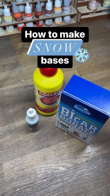 Commission painting studio on Instagram: "⁉️Want to know why I use this recipe for snow bases⁉️ I use baking soda, pva glue and white paint in roughly a 1:1:1 ratio. 1. Baking soda gives the snow a realistic texture. It also turns the mixture quite matte which I like for thicker snow. It makes the snow look soft. Too much baking soda and the mix will be too dry though. 2. Pva glue helps to give the mix a viscous texture and volume. It also seals the snow when it dries so it doesn’t come off. Recipe For Snow, Snow Recipe, Snow Effect, Pva Glue, Miniature Bases, Snow Melting, Commission Painting, How To Make Snow, Painting Studio