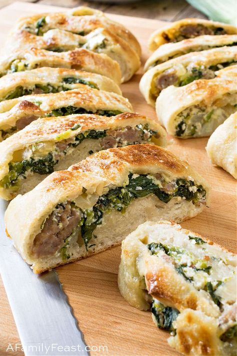 Lidia’s Pizza Rolls have pizza dough rolled and stuffed with Italian sausage, vegetables, creamy ricotta, and Parmesan cheese. Great for game day! Lidias Italy Recipes, Mac Recipes, Pizza Dough Recipes, Lidia's Recipes, Italy Recipes, Stuffed Breads, Recipes With Ingredients, Sausage Bread, Stromboli Recipe