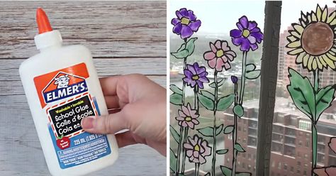 How To Make Faux Stained Glass With… E lmer’s Glue? Stained Glass With Elmers Glue, Homemade Stained Glass Paint, Stained Glass With Glue And Paint, Stain Glass Painting, Suitcase Dollhouse, Diy Stained Glass Window, Stain Glass Window Art, Bottle Diy Crafts, November Crafts