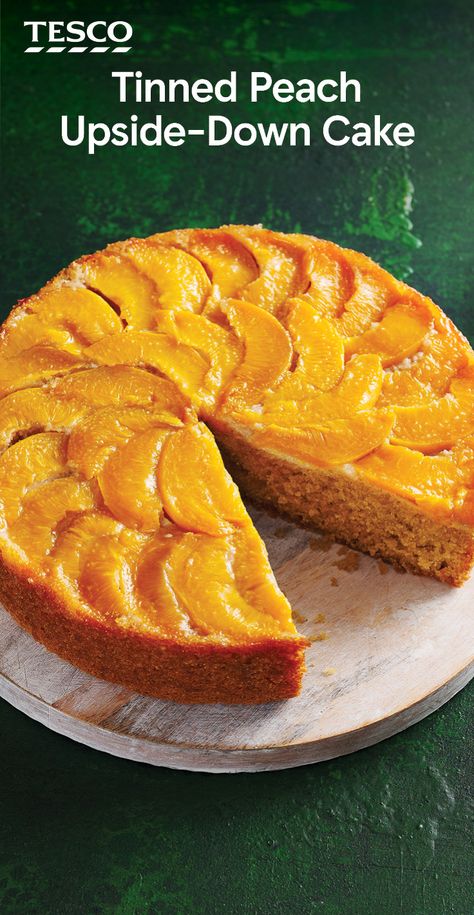 Tinned Peaches Recipes, Peach Desserts With Canned Peaches, Canned Peach Upside Down Cake, Canned Peach Cake, Can Recipes, Tesco Recipes, Peach Muffin, Peach Cake Recipes, Cake Recipes Uk