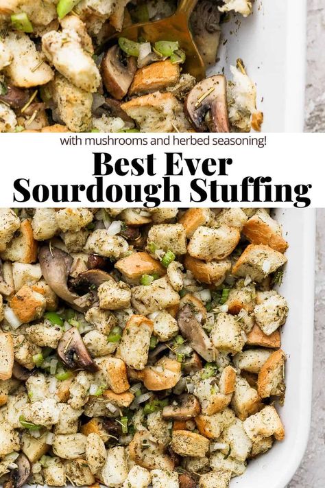 Best Ever Sourdough Stuffing - this Best Ever Sourdough Stuffing is packed with flavor, delicious sourdough bread, mushrooms and so much more! #besteversourdoughstuffing #sourdoughstuffing #sourdoughstuffingthanksgiving #sourdoughstuffingrecipes Stuffing With Mushrooms, Sourdough Stuffing Recipe, Sourdough Stuffing, Thanksgiving Dinner Sides, Best Stuffing Recipe, Mushroom Stuffing, Classic Stuffing, Broccoli Salad With Cranberries, Turkey Stuffing Recipes