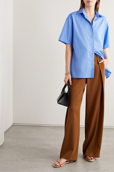 Light Blue Outfit, Ootd Inspo, Cotton Poplin Shirt, Brown Pants, Blue Outfit, Menswear Inspired, Poplin Shirt, Mom Style, Lanvin