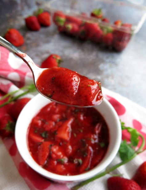 A fresh and fruity compote perfect for the summer! Use it top waffles, pancakes, french toast, yogurt, oatmeal, or ice cream!  #strawberry #compote #strawberrycompote #sauce #breakfast #mint #dessert #olivesandlamb #foodblog #foodphotography Strawberry Raspberry Compote, Best Strawberry Compote, How To Make Strawberry Compote, Strawberry Sauce With Frozen Strawberries, Strawberry Compote For Pancakes, Toast Yogurt, Fruits Photography, Mint Dessert, Ice Cream Strawberry