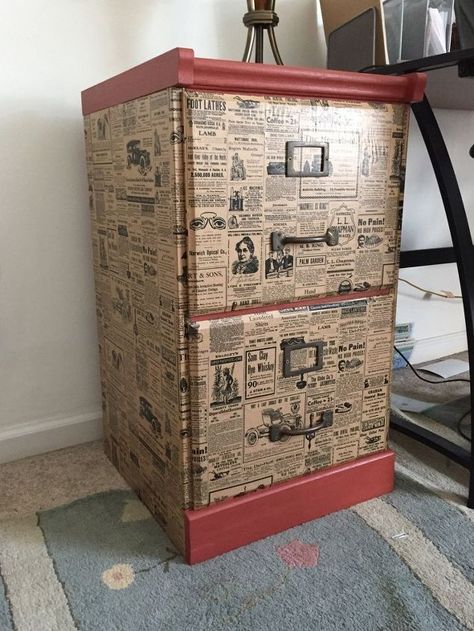 file cabinet upcycle with wrapping paper, chalk paint, decoupage, painted furniture Refinished Office Furniture, Cabinet Upcycle, Painted File Cabinets, Diy File Cabinet, Filling Cabinet, File Cabinet Makeover, Upcycle Storage, Dream Library, Metal Filing Cabinet