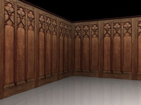 Interior Design - Tracery in wood panelling was a key design characteristic during this style. Gothic Wall Panelling, Gothic Panelling, Home Dark Academia, Medieval Living Room, Gothic Style Bedroom, Cnc Panel, Oak Paneling, Gothic Tracery, House Of Shadows