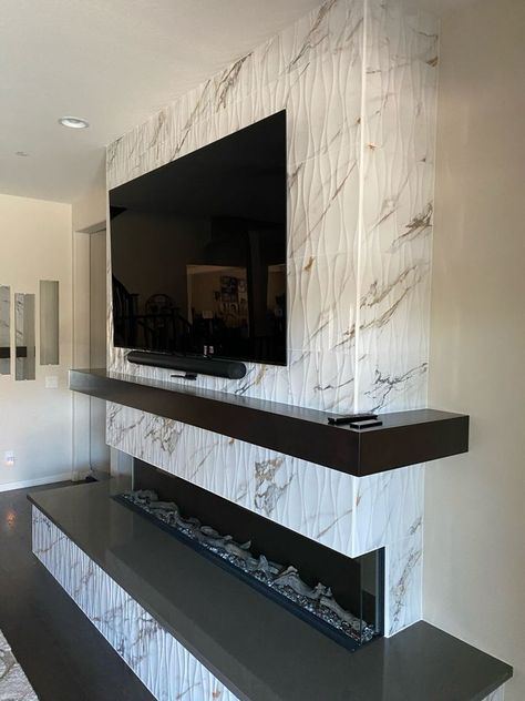 Stone Backsplash Tv Wall, Media Wall Tiles, 3d Wall Panels Fireplace, Tiled Media Wall, 3d Fireplace Wall, Media Wall With Mantle, Quartz Fireplace Wall, Tv Stand Styling, 3d Fireplace